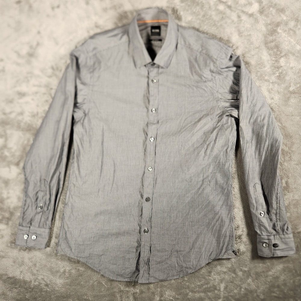 Hugo Boss Button Down Shirt Mens Medium Blue Excellent Regular Fit Stripe